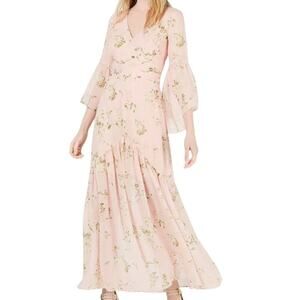Avec Les Filles NWOT Pink Floral Boho Chiffon Bell Sleeves Maxi Dress Size 2